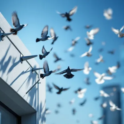 Duiven vliegen weg van moderne gevel met professionele vogelverschrikkers en metalen pinnen tegen blauwe lucht