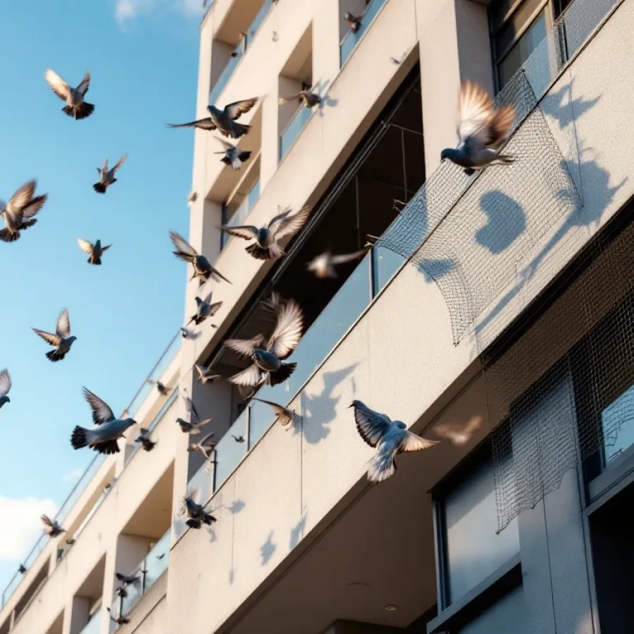 Modern Nederlands woongebouw met vogelverschrikkers: metalen pinnen, netten en draden houden duiven op afstand tegen blauwe lucht