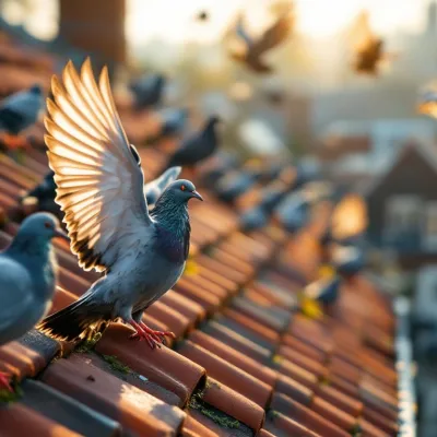 Duif vliegt op van rood pannendak met vogelpinnen, meerdere duiven op de achtergrond, ochtendlicht