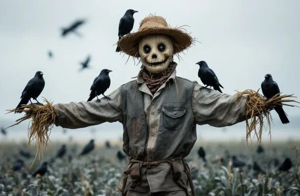 Zwarte kraaien zitten op vogelverschrikker in Nederlands akkerland, tonen ineffectiviteit van plaagdierbestrijding
