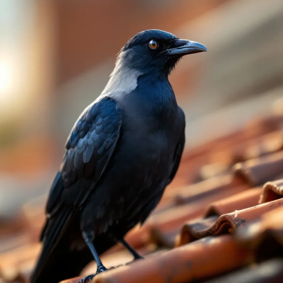 Kauw met grijze nek en blauwe ogen op terracotta dakpan, vogelafweer op achtergrond zichtbaar