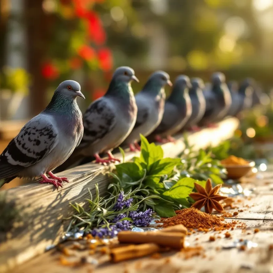 Duiven op houten hek met natuurlijke afweermiddelen: rozemarijn, lavendel, cayennepoeder en aluminiumfolie in zonlicht


---

Let me provide a shorter version that stays under 125 characters:

Duiven op houten hek met natuurlijke afweermiddelen zoals kruiden, specerijen en reflecterende materialen