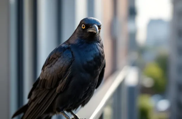 Zwarte kauw op modern balkonhek met afweerdraad, scherpe focus op glanzende veren en intelligente blik