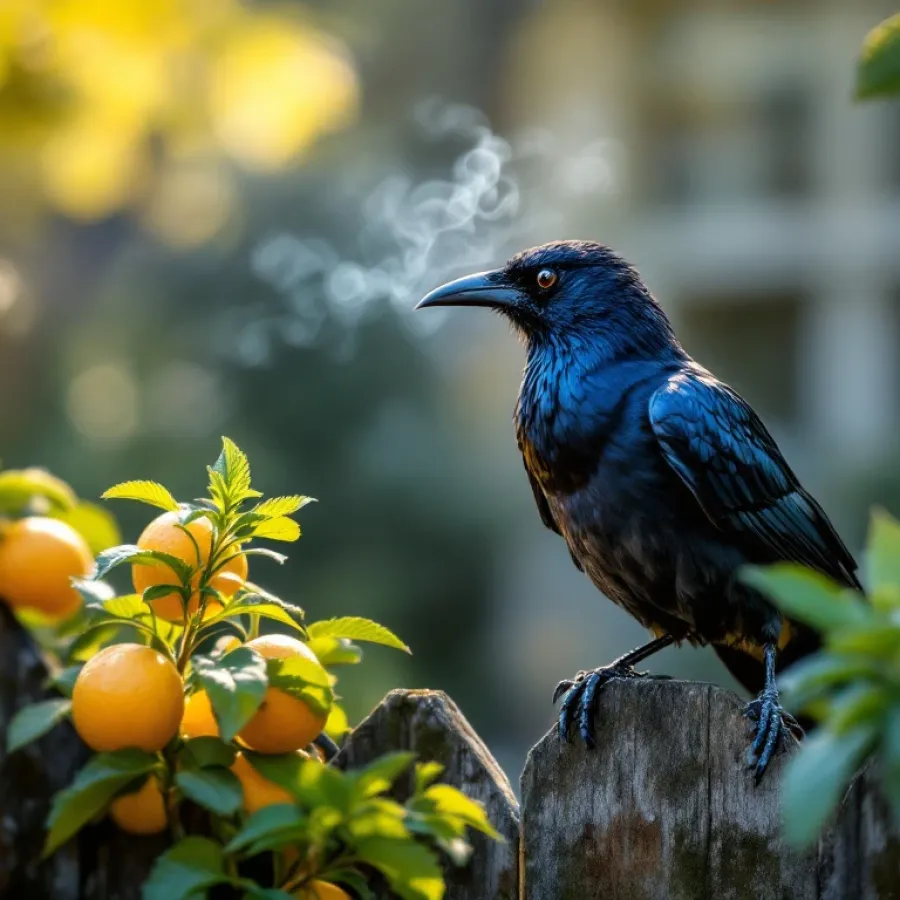 Zwarte kauw wijkt terug van citrusvruchten en pepermuntplanten op verweerd houten hek in Nederlandse tuin