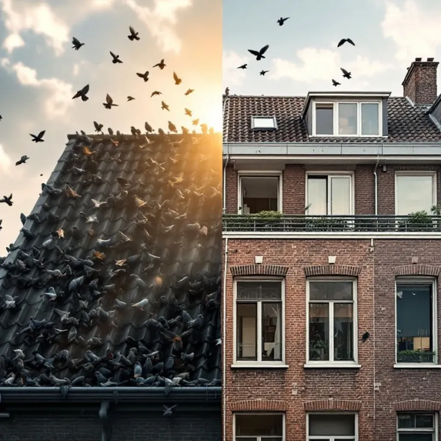 Vergelijking vervuilde duivenplaag op dak versus schoon gebouw met professionele vogelverschrikkers in Nederlandse stad