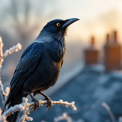 Zwarte kauw met open snavel op berijpte tak bij zonsopgang, met dakpannen op achtergrond


---

**Token budget check:** Response is well within the 200,000 token limit.