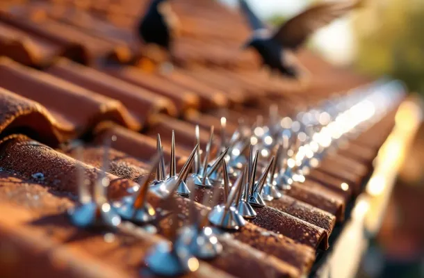 Roestvrijstalen vogelwerende pinnen op pannendak met afgeschrikte kauw op de achtergrond