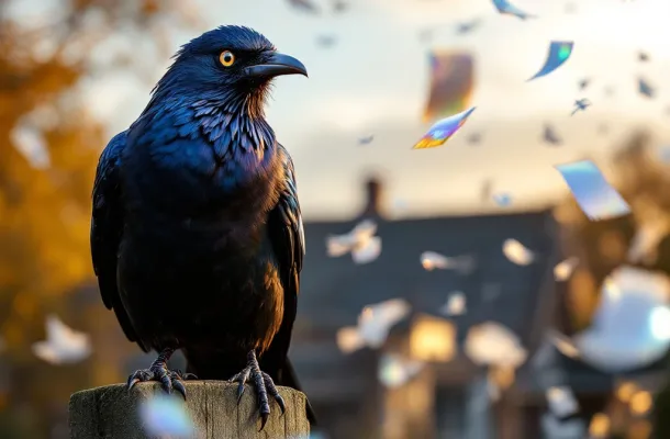 Kauw op hek geschrokken door holografische vogelwering strips bij Nederlands dak tijdens gouden uur