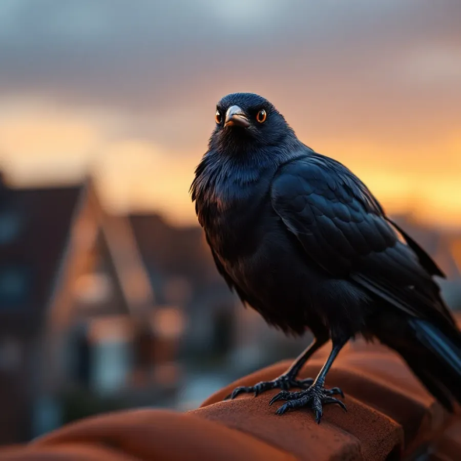 Zwarte kauw op terracotta dakpan tijdens gouden uur, vleugels gespreid, Nederlandse daken op achtergrond