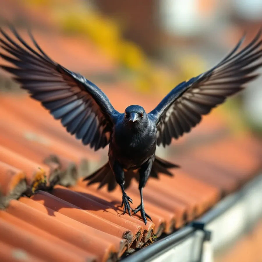 Kauw vliegt weg van dak met vogelwering, vleugels gespreid boven terracotta dakpannen in natuurlijk daglicht