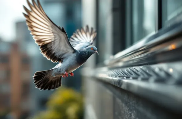 Duif vliegt geschrokken weg van vogelwerende pinnen op gebouwrichel in stedelijke omgeving