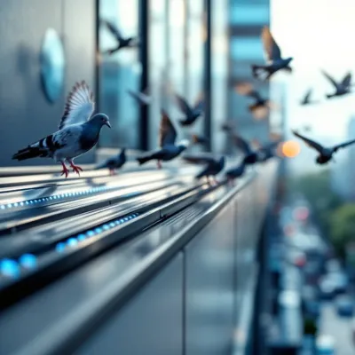 Elektrisch vogelverschrikkingssysteem van roestvrij staal op gebouwrand met wegvliegende duiven op achtergrond