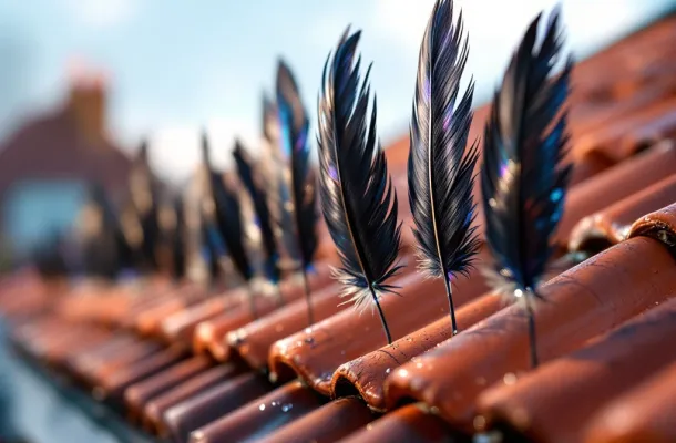 Zwarte kraaienveren met paarsblauwe glans op dakrand als vogelverschrikker tegen blauwe lucht