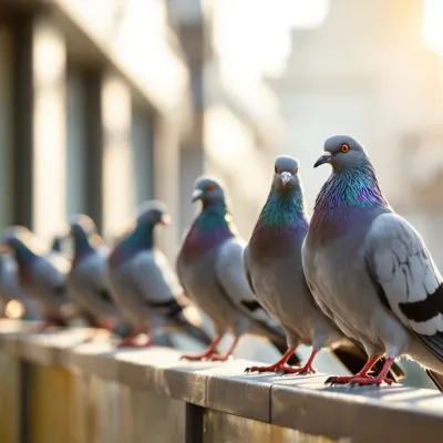 Grijze duiven op gebouwrand met humane vogelwering van metalen pinnen en draden in ochtendlicht