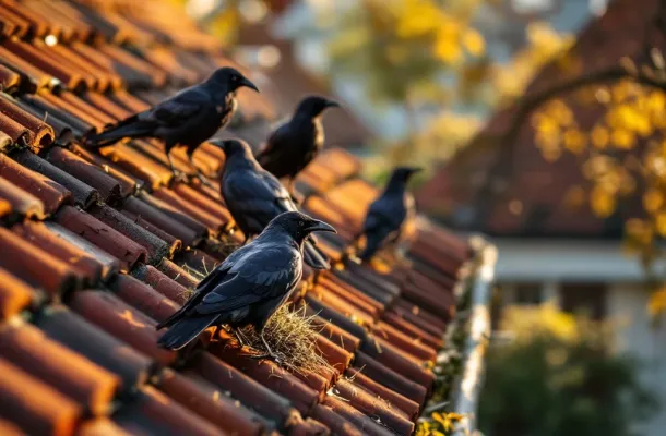 Kauwen op Nederlands pannendak met vogelwerende pinnen bij de nok tijdens gouden uur