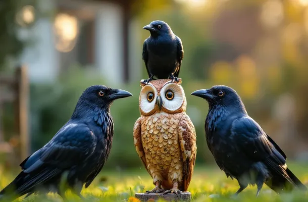 Kauwen zitten op ineffectieve afschrikmiddelen zoals vogelverschrikker, cd's en plastic uil in Nederlandse tuin