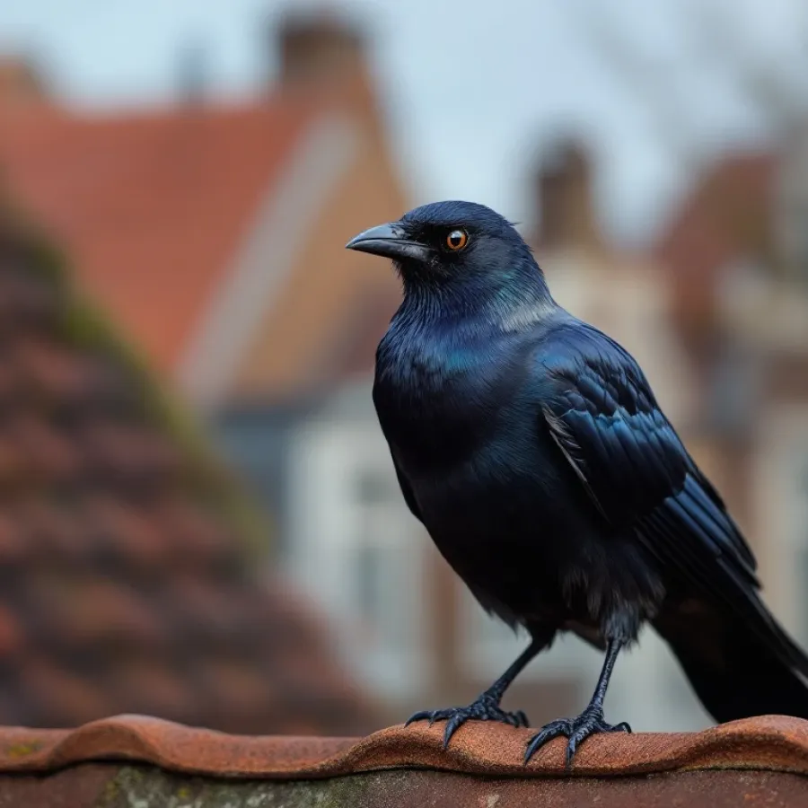 Kauw met glanzend zwart verenkleed en grijze nekvlek op Nederlandse dakpan, scherpe details en natuurlijk licht.
