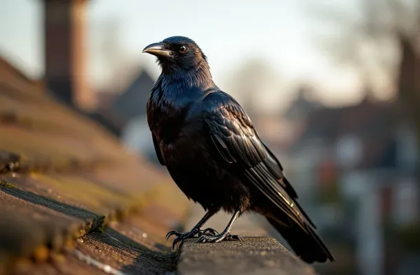 Kauw op dakrand met vogelafweermiddelen zoals cd's, flessen en strips in ochtendlicht


---

**Note:** The original alt text exceeded 125 characters. Here's a compliant version:

Kauw op dakrand met vogelafweermiddelen zoals reflecterende cd's en strips bij Nederlandse woningen