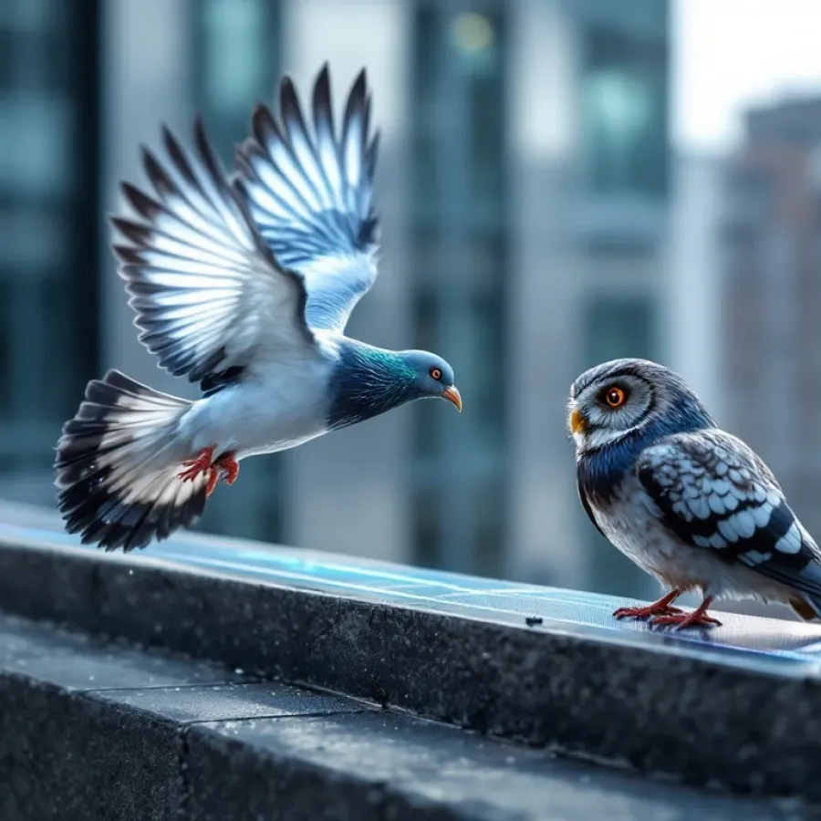 Duif vliegt weg van holografische afschrikstrips en uil-lokaas op gebouwrand, vogelwering in actie