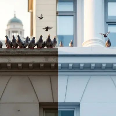 Voor-en-na vergelijking van duivenplaag op richel versus schone richel met vogelpinnen en duivenafweer