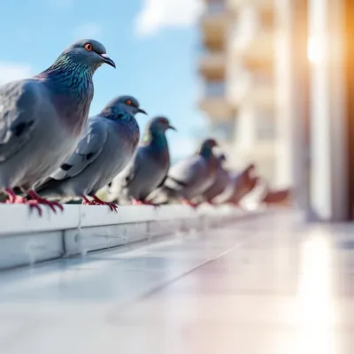 Vogelverschrikking met metalen pinnen op balkonreling beschermt tegen grijze duiven op zonnige ochtend