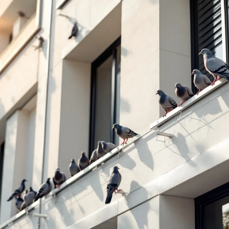 Modern gebouw met duivenwerende pinnen en draden op richels, duiven op onbeschermde delen, close-up architectuurdetail