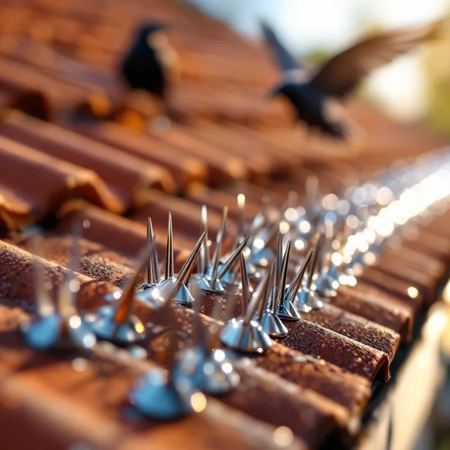 Roestvrijstalen vogelwerende pinnen op pannendak met afgeschrikte kauw op de achtergrond