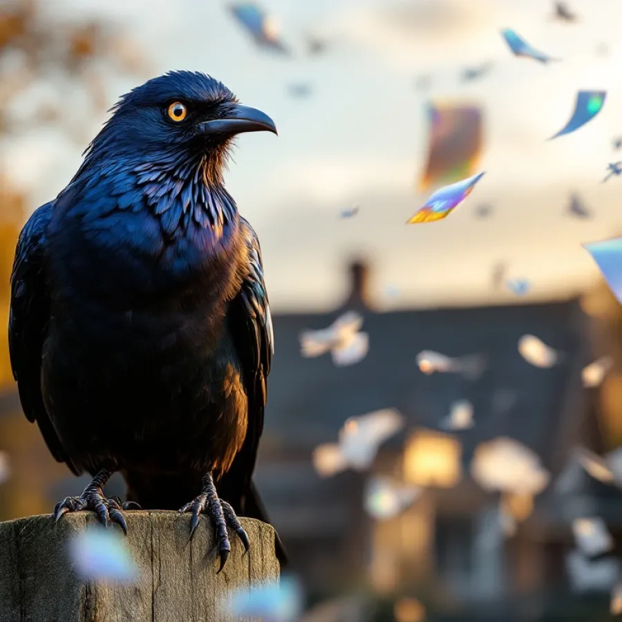 Kauw op hek geschrokken door holografische vogelwering strips bij Nederlands dak tijdens gouden uur