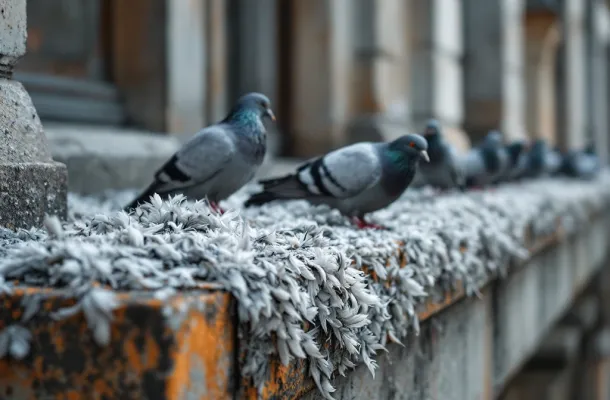 Duivenpoep en veren op verweerd gebouwrichel met duiven op de achtergrond, close-up van vervuiling
