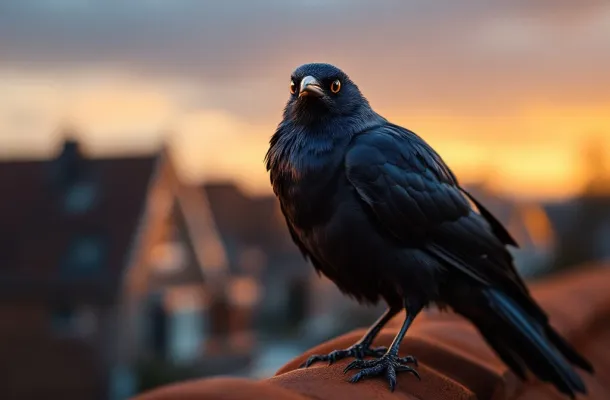 Zwarte kauw op terracotta dakpan tijdens gouden uur, vleugels gespreid, Nederlandse daken op achtergrond