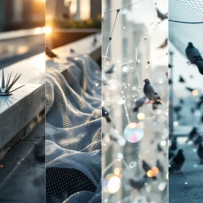 Duivenafweersystemen op stedelijk dak: metalen pinnen, netten, draden en geldiscs met duiven op achtergrond