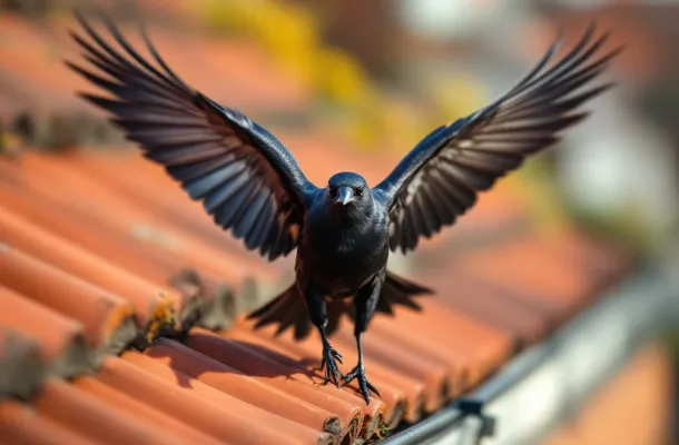 Kauw vliegt weg van dak met vogelwering, vleugels gespreid boven terracotta dakpannen in natuurlijk daglicht