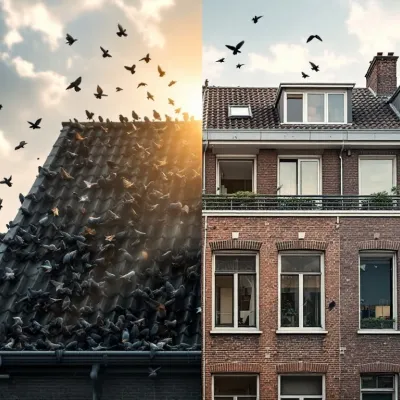 Vergelijking vervuilde duivenplaag op dak versus schoon gebouw met professionele vogelverschrikkers in Nederlandse stad