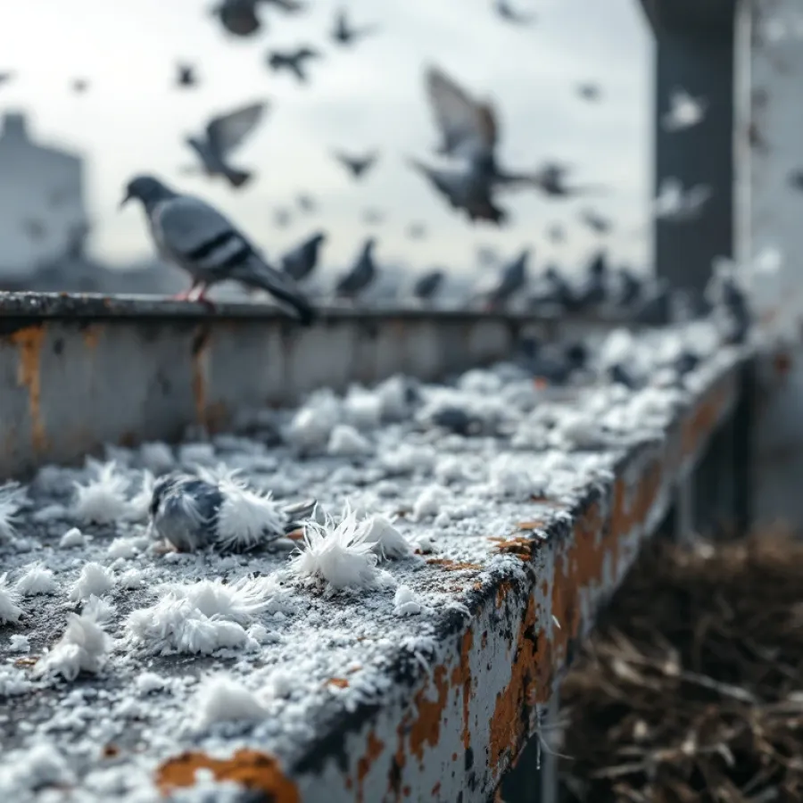 Duivenpoep en nestmateriaal op verweerd balkonhek met roestschade, duiven op achtergrond