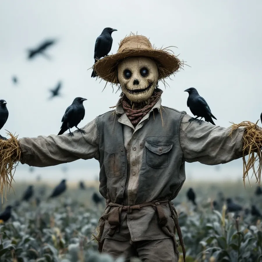 Zwarte kraaien zitten op vogelverschrikker in Nederlands akkerland, tonen ineffectiviteit van plaagdierbestrijding