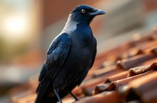 Kauw met grijze nek en blauwe ogen op terracotta dakpan, vogelafweer op achtergrond zichtbaar
