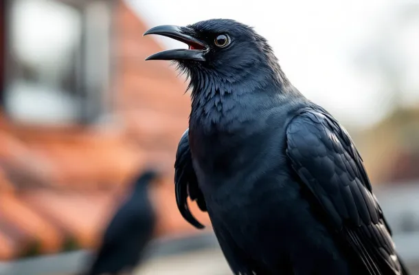 Kauw met open snavel op Nederlands pannendak met vogelwering, close-up met natuurlijk daglicht