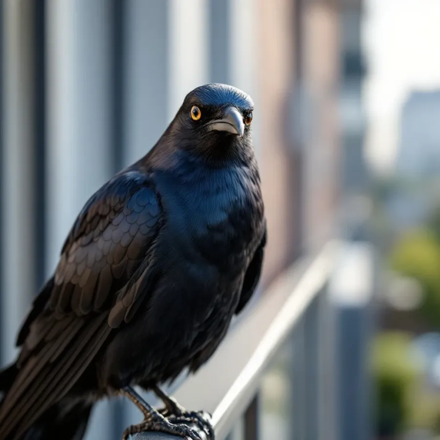 Zwarte kauw op modern balkonhek met afweerdraad, scherpe focus op glanzende veren en intelligente blik