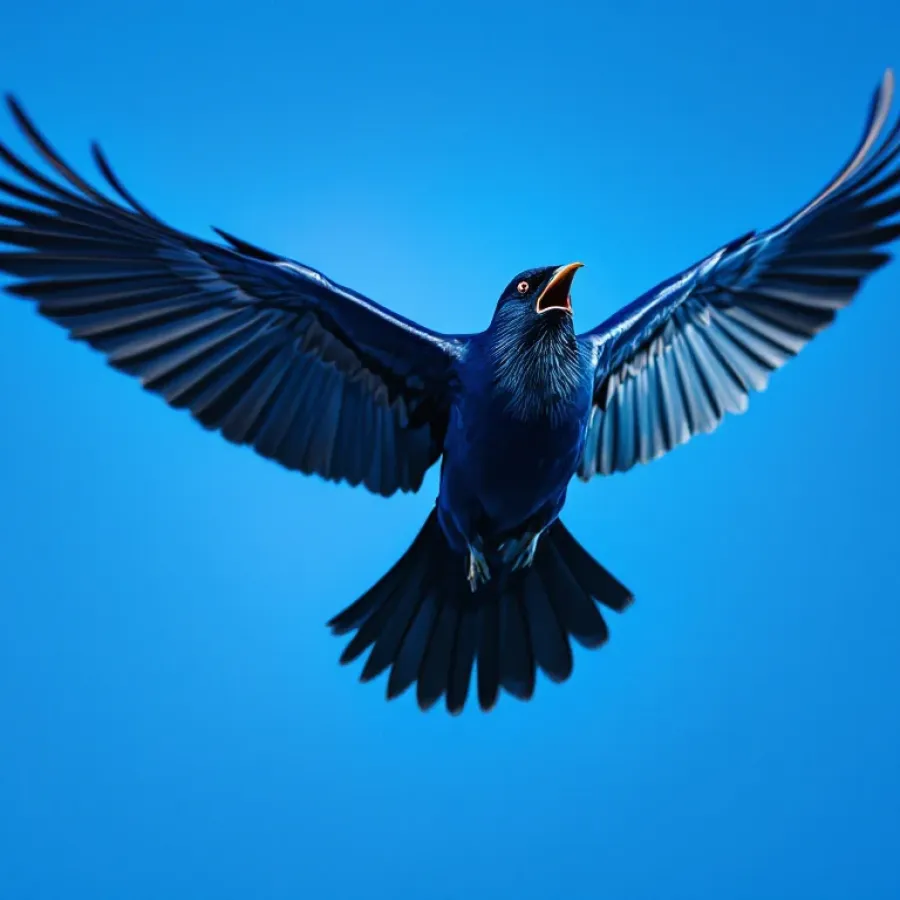 Geschrokken kauw in vlucht met gespreide vleugels tegen blauwe lucht, reagerend op geluidssignaal voor vogelafweer