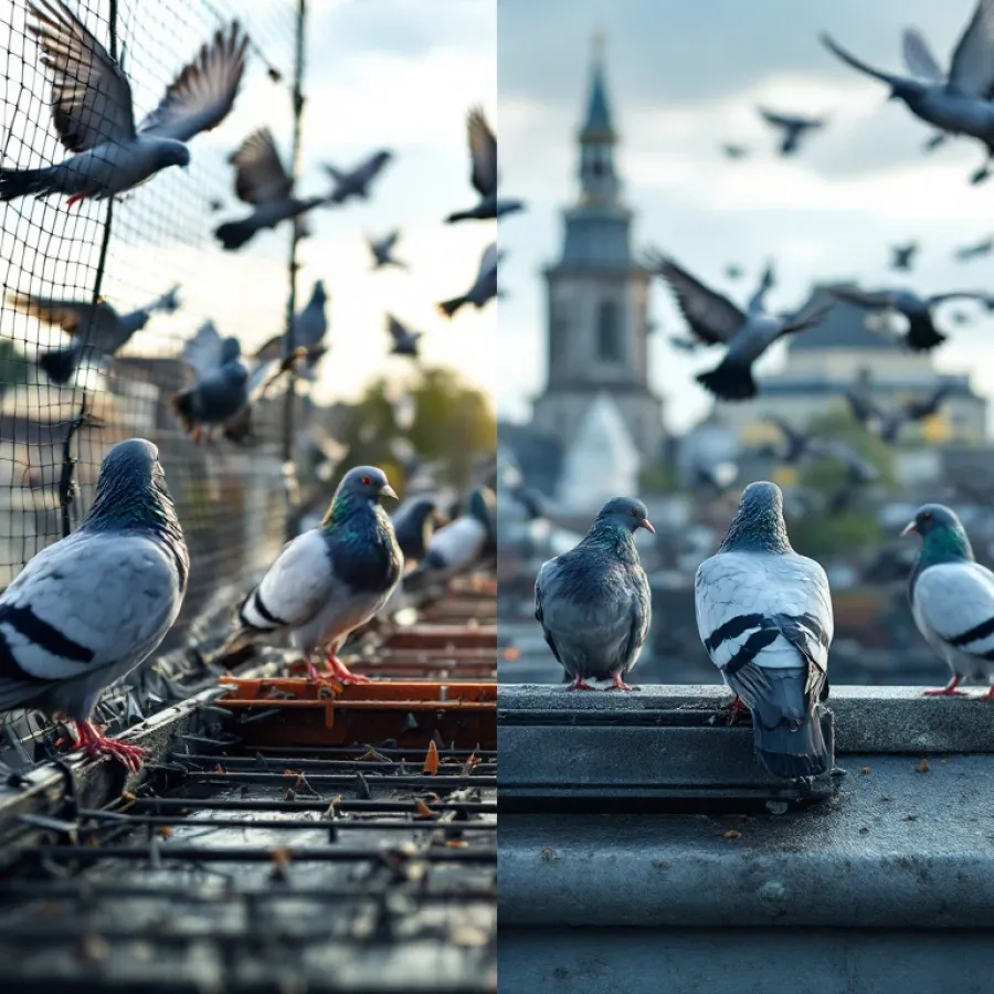 Vergelijking van ineffectieve plastic vogelspijkers met professionele vogelverschrikkingssystemen op stedelijk dak