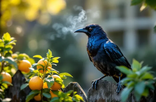 Zwarte kauw wijkt terug van citrusvruchten en pepermuntplanten op verweerd houten hek in Nederlandse tuin