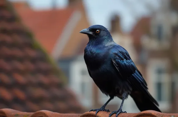 Kauw met glanzend zwart verenkleed en grijze nekvlek op Nederlandse dakpan, scherpe details en natuurlijk licht.