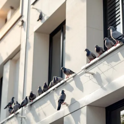 Modern gebouw met duivenwerende pinnen en draden op richels, duiven op onbeschermde delen, close-up architectuurdetail