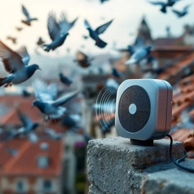 Ultrasoon vogelapparaat op gebouw jaagt duiven weg, close-up met geluidsgolven en stedelijke achtergrond