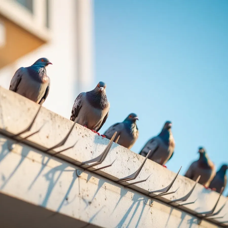 Duiven op gebouwrand met roestvrij stalen vogelwerende pinnen en draden tegen blauwe lucht