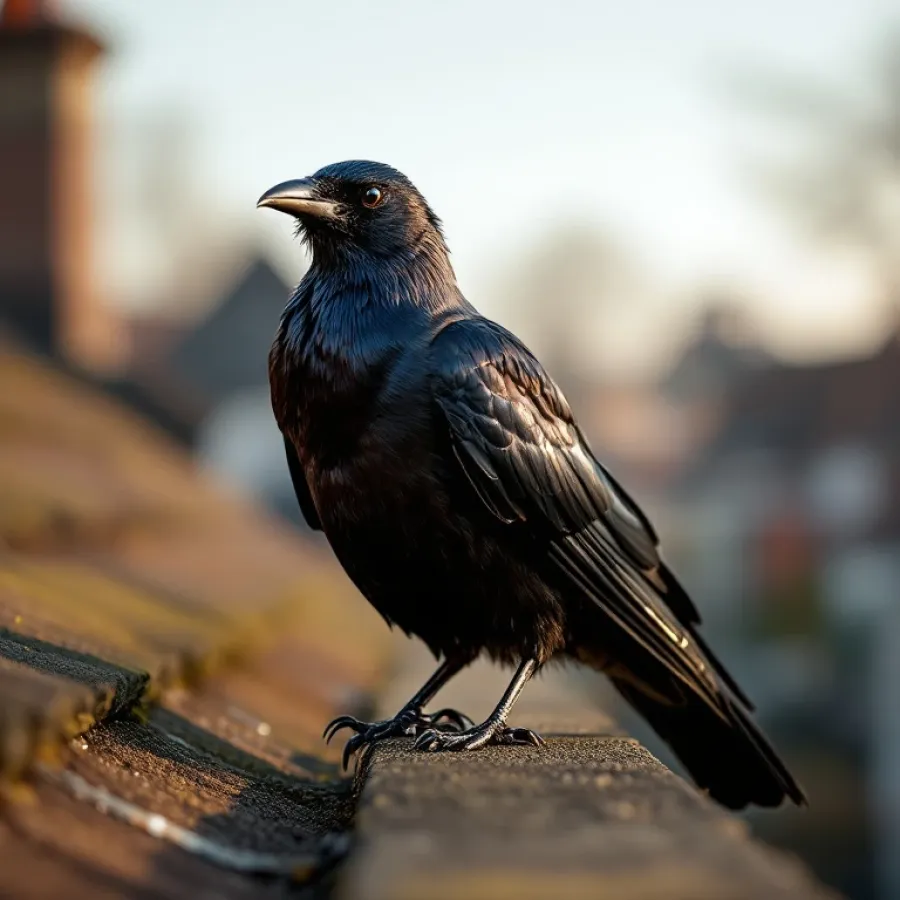 Kauw op dakrand met vogelafweermiddelen zoals cd's, flessen en strips in ochtendlicht


---

**Note:** The original alt text exceeded 125 characters. Here's a compliant version:

Kauw op dakrand met vogelafweermiddelen zoals reflecterende cd's en strips bij Nederlandse woningen