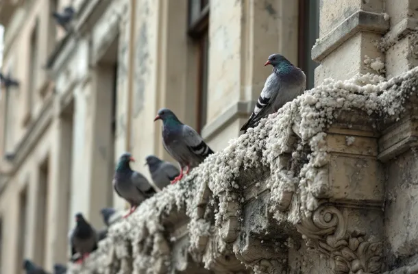Verweerde stenen gevel met duivenpoep en corrosieschade aan ornamentele details, duiven op achtergrond