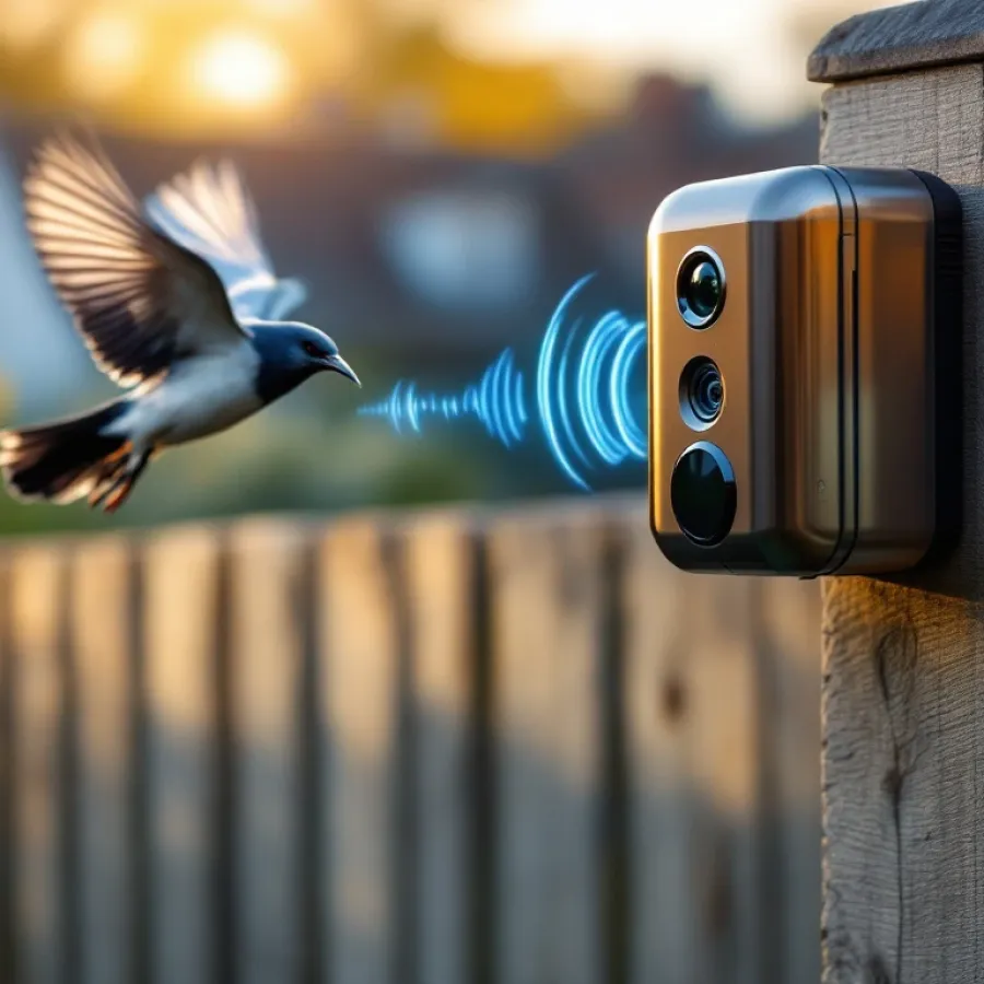 Ultrasoon vogelverjager op houten paal met blauwe geluidsgolven, kauw vliegt weg op achtergrond bij zonsondergang


---

**Token Count Estimate:** ~420 tokens used of 200,000 budget