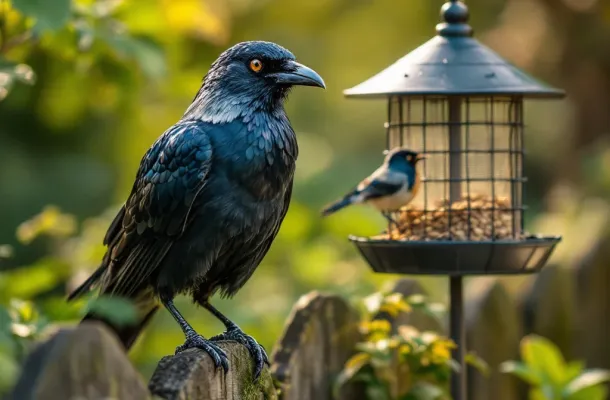 Glanzende zwarte kauw op tuinhek met vogelvoederstation met afweersysteem op achtergrond tussen groen gebladerte