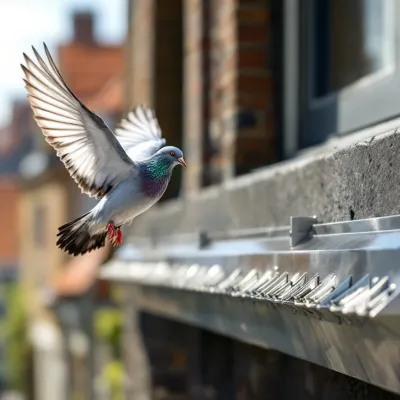 Duif vliegt weg van gebouwrichel met vogelpinnen, humane ongediertebestrijding in stedelijke omgeving
